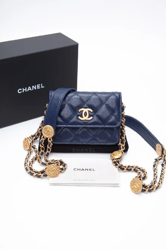 CHANEL Navy Quilted Caviar Twist Your Buttons Coin Purse with Chain Crossbody Bag