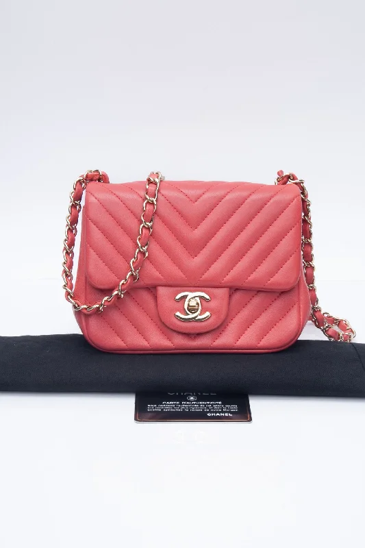 CHANEL Chevron Pink Lambskin Square Mini Flap Bag