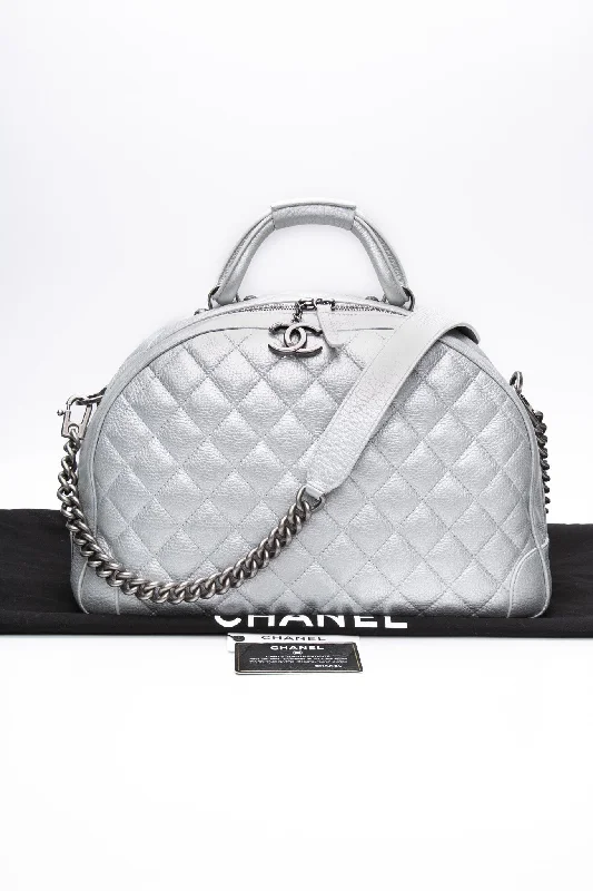 CHANEL Silver Metallic Calfskin Quilted Medium Airlines Round Trip Bowling Bag