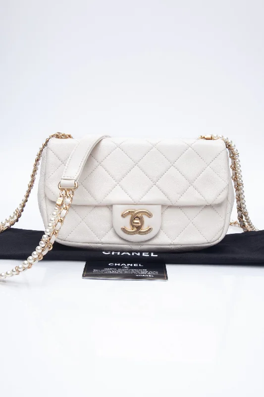 CHANEL Small Cream Crystal Pearls Chain Quilted Calfskin Flap Bag