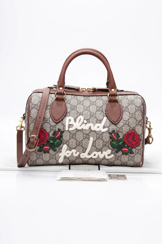 GUCCI Brown GG Canvas Boston Rose Embroidered Print Blind For Love Shoulder/Crossbody Bag