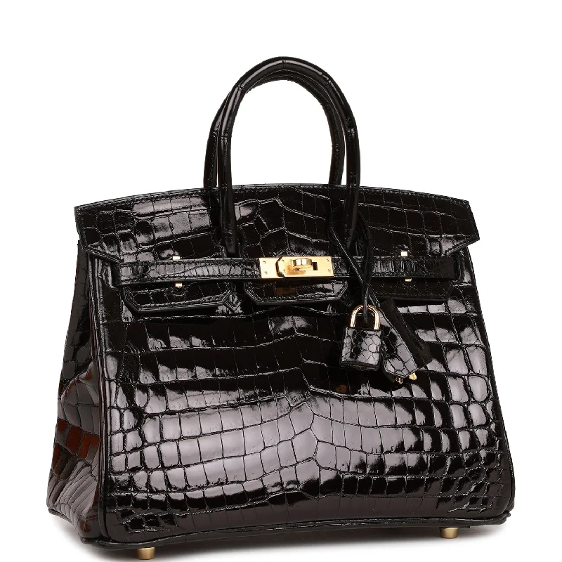 Hermes Birkin 25 Black Shiny Niloticus Crocodile Gold Hardware