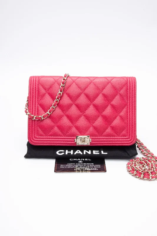 CHANEL Hot Pink Caviar Quilted Boy Wallet On Chain WOC