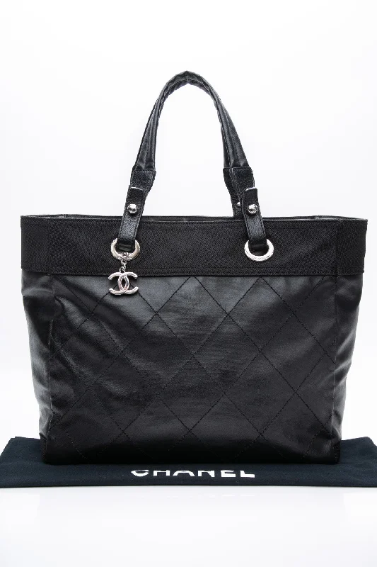 CHANEL Black Coated Canvas Quilted Large Tote Bag