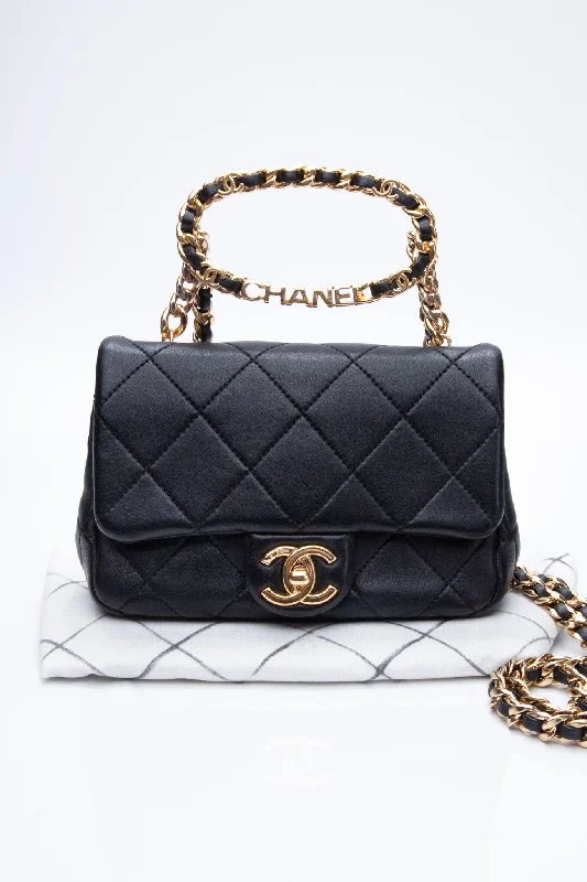 CHANEL Black Metal Quilted Lambskin Leather Mini Top Handle Square Flap Bag