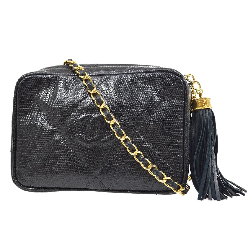 CHANEL * 1986-1988 Black Lizard Diamond Camera Bag Mini