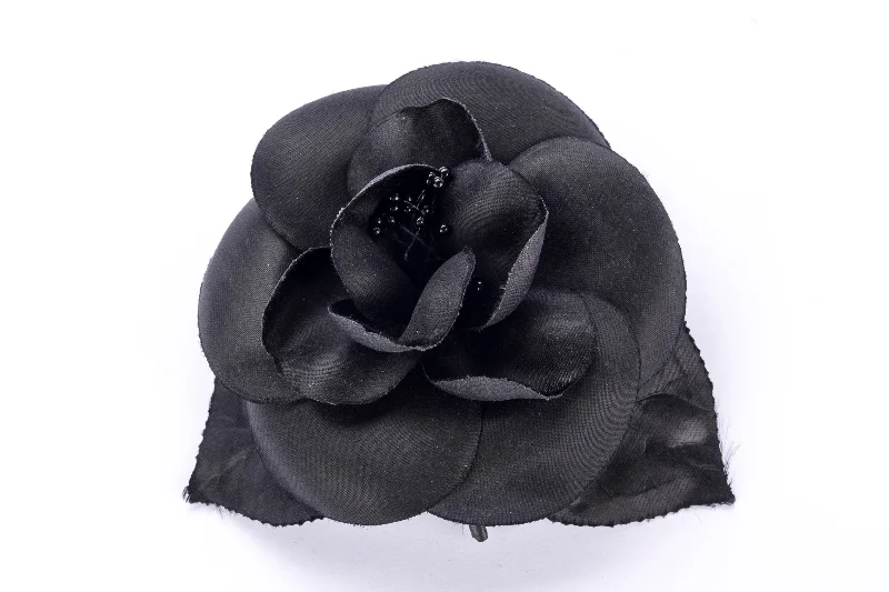 Chanel Camellia Brooch All Black with Leaf, with Box