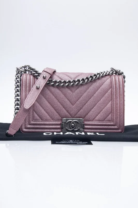 CHANEL Dark Pink Metallic Caviar Chevron Quilted Medium Boy Flap bag