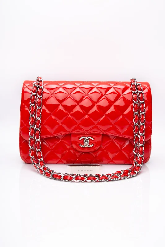 CHANEL Red Quilted Patent Leather Classic Jumbo Double Flap Bag