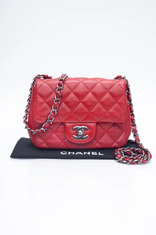 CHANEL Lambskin Red Quilted Square Mini Flap Bag