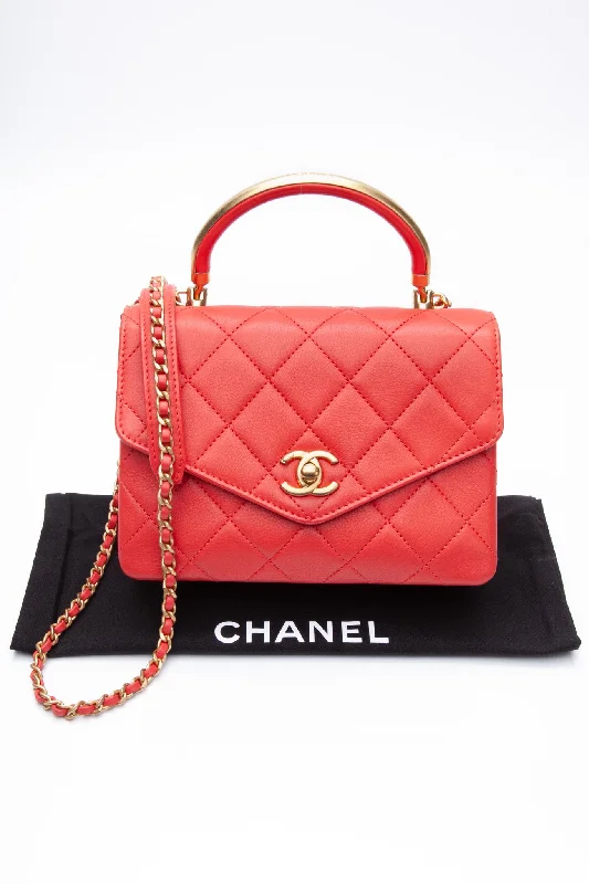 CHANEL Coral Calfskin Quilted Metal Small Top Handle Envelope Flap Bag