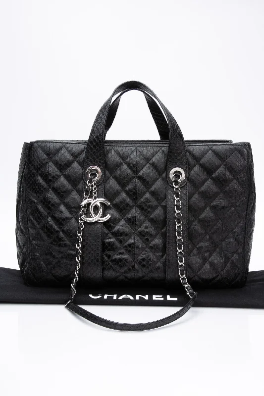 CHANEL Large Black Quilted Leather Python Easy Carry Tote