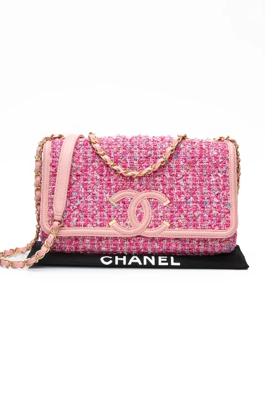 CHANEL Pink Filigree Flap Bag Quilted Tweed Medium