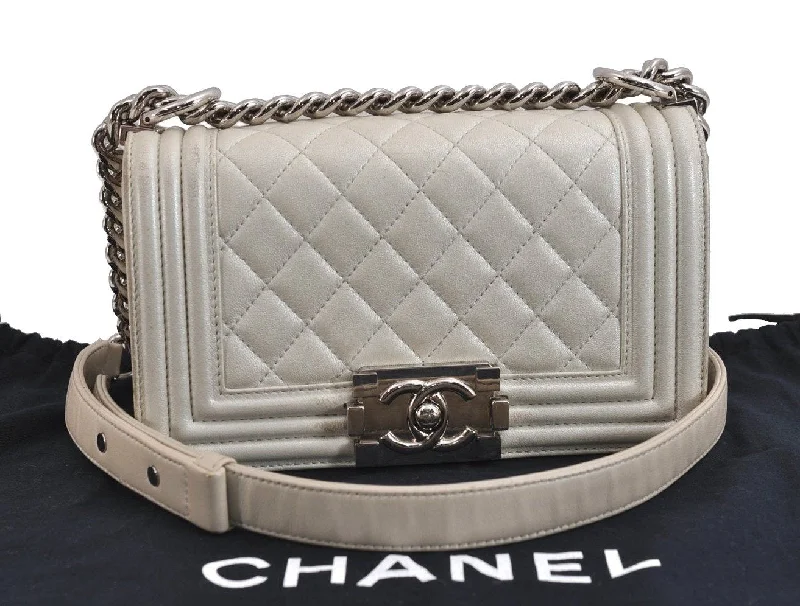 Authentic CHANEL BOY CHANEL Calf Skin Matelasse CC Shoulder Bag White 4170J