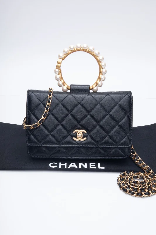 CHANEL Black Lambskin Quilted Pearl Top Handle Wallet On Chain WOC