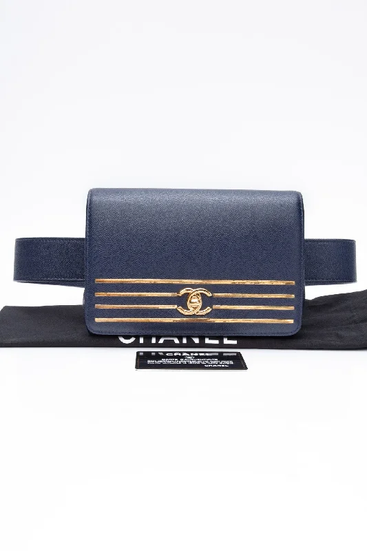 CHANEL Blue Navy Grained Calfskin Embroidered Captain Gold Flap Belt Bag