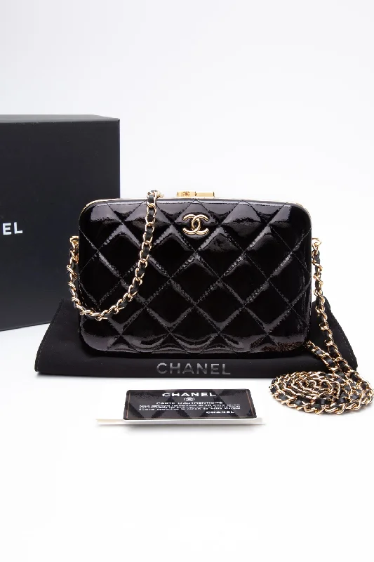 CHANEL Black Patent Box and Chain Clutch on Chain