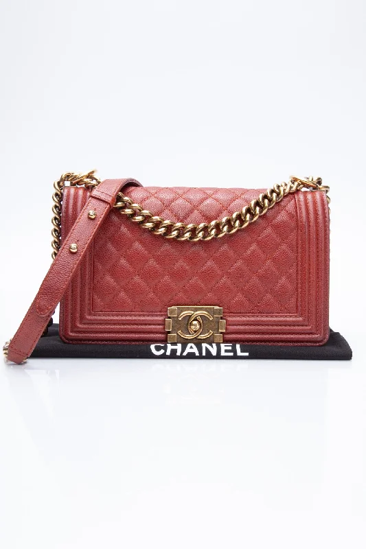 CHANEL Dark Orange Caviar Quilted Medium Boy Flap Bag