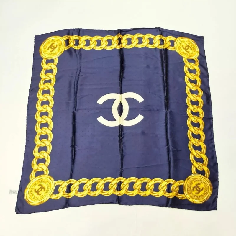 Chanel Scarf Navy Blue Silk100%