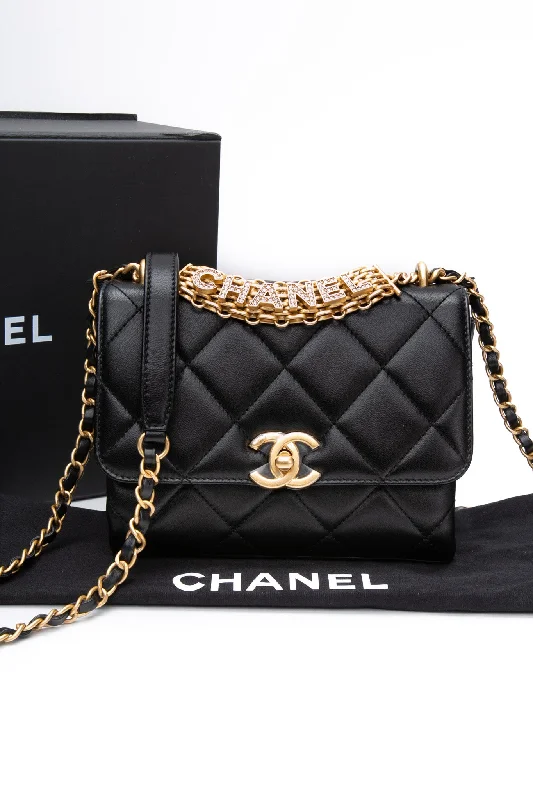 CHANEL 22S Black Lambskin Quilted Mini CC Crystal Logo Chain Flap Bag