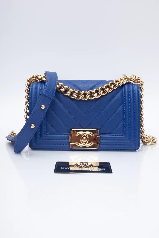 CHANEL Blue Calfskin Chevron Boy Small Flap Bag