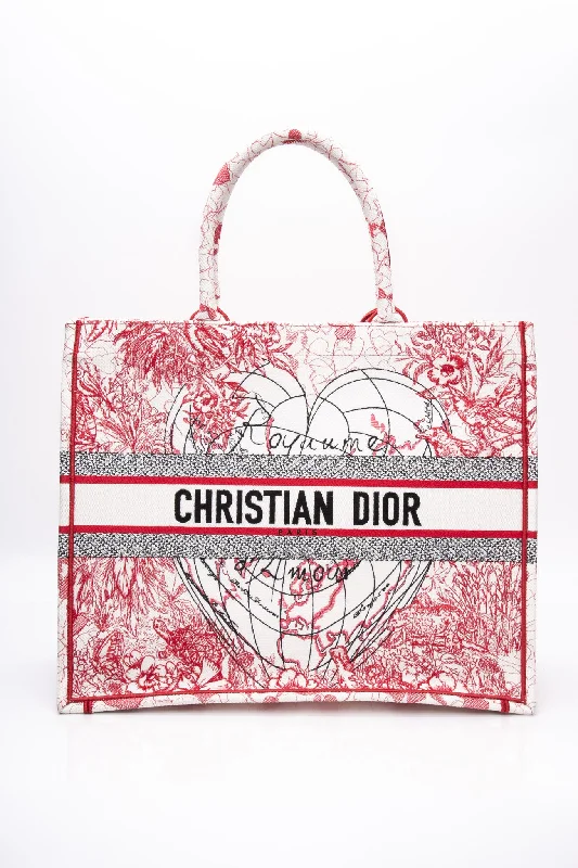 DIOR Red Multicolor Canvas Embroidered Amour Large Book Tote