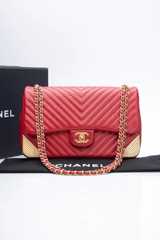 CHANEL Lambskin Rock the Corner Chevron Flap Red Bag