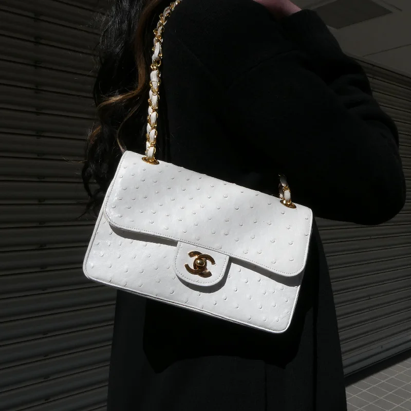 CHANEL * 1989-1991 Classic Double Flap Small White Ostrich