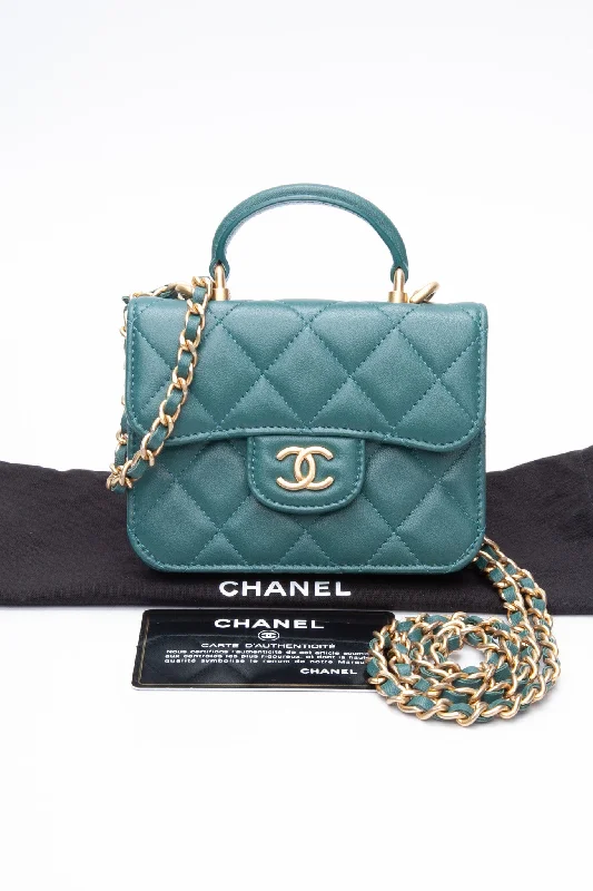 CHANEL Green Lambskin Quilted Mini Top Handle Card Holder With Chain