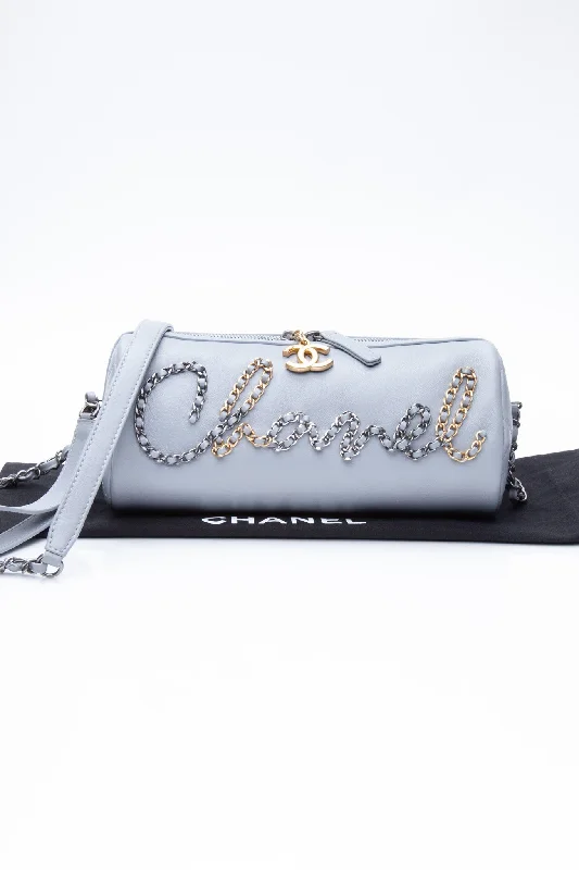 CHANEL Light Gray Calfskin Chain 20s Signature Bowling Crossbody Bag