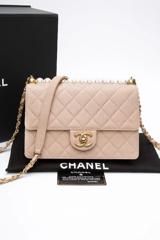 CHANEL Beige Lambskin Quilted Small Chic Pearls Flap Bag