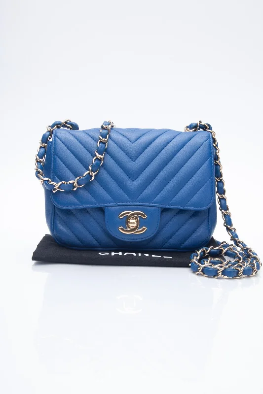 CHANEL Chevron Lambskin Blue Leather Square Mini Flap Bag