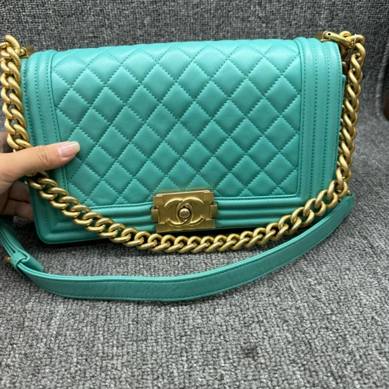 100%  Authentic CHANEL Boy Green Leather Shoulder Bag