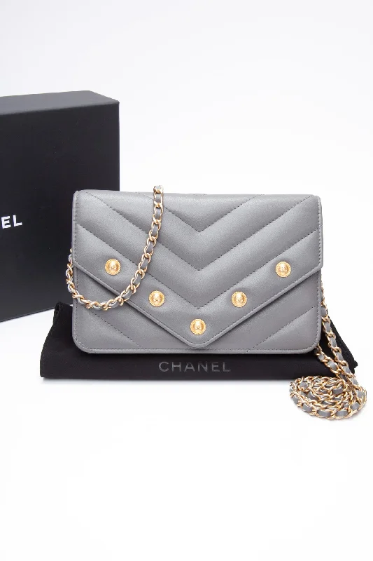 CHANEL Gray Lambskin Chevron Medallion WOC Wallet on Chain